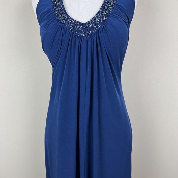 Alex Evenings Dress 4P Navy Blue Pleated Beaded Halter V-Neck Padded Bust Party - Picture 4 of 13